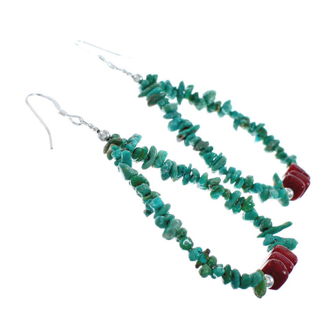 Navajo Sterling Silver Turquoise And Coral Bead Hook Dangle Earrings X10057